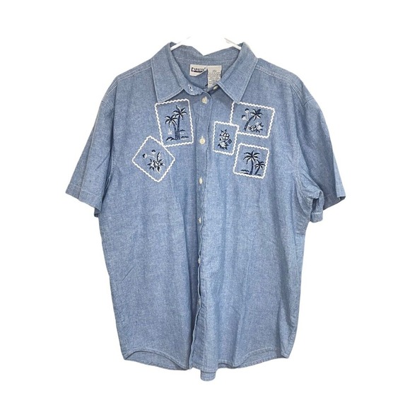 Capacity Women's L Denim Shirt Vintage Palm Tree Embroidered Western Cottage - Picture 1 of 5